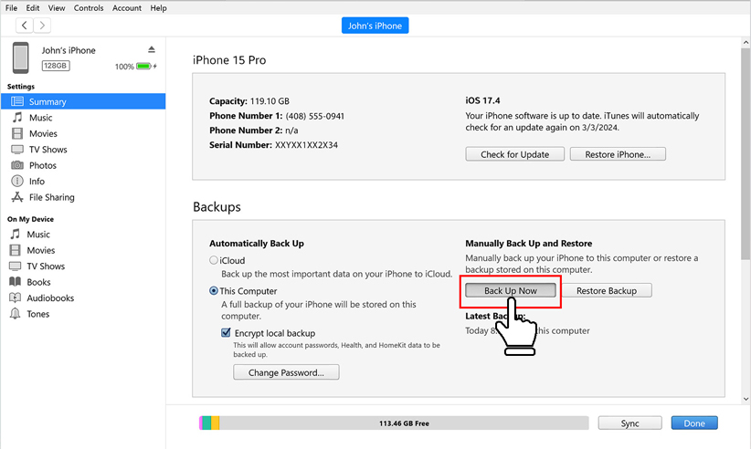 back up iphone itunes